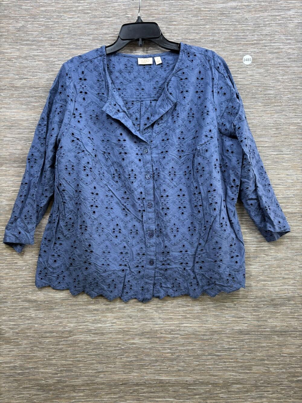 Logo Lavish Blouse Womens 1X Blue Embroidered Eyelet Button Front Tunic Top NEW
